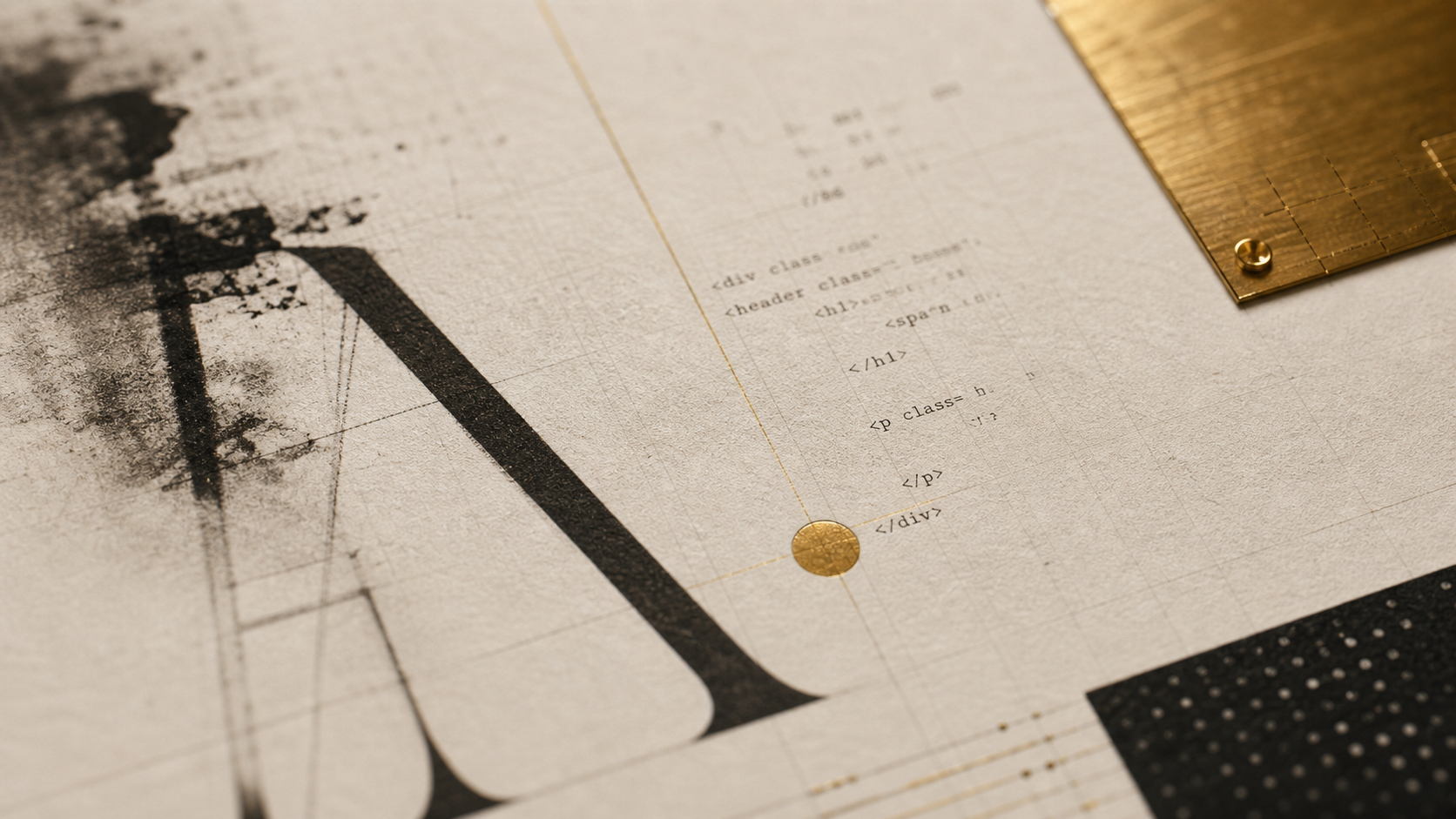 Ink, code fragments, and design grid lines on textured paper