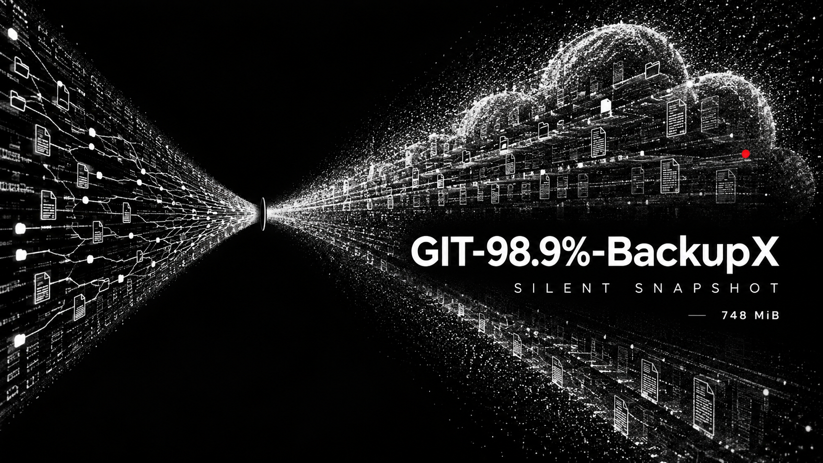 仿模型发布海报风格的反讽头图：Git 98.9% BackupX Silent Snapshot，代码历史被吸入云端文件堆
